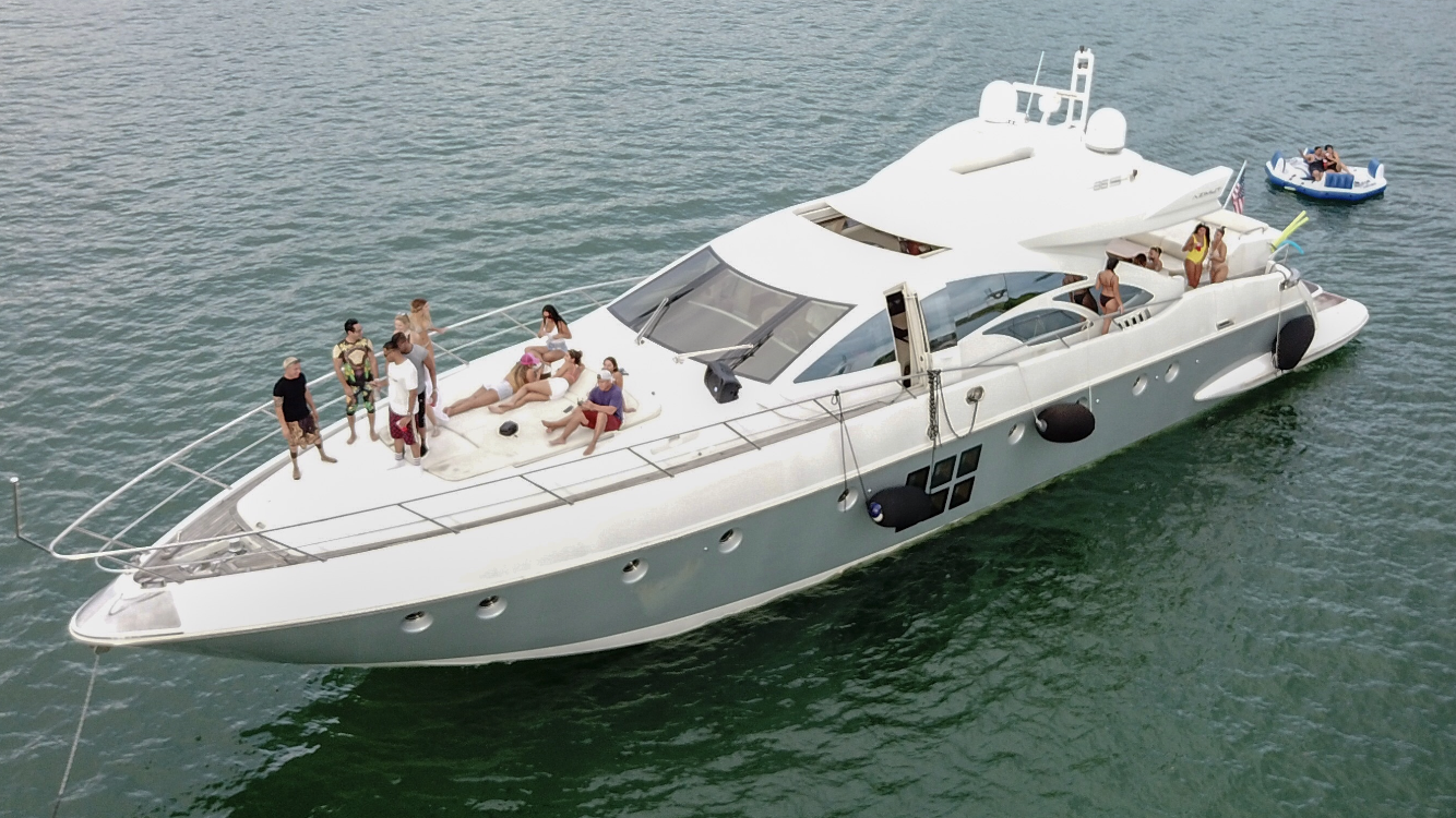90ft Terrific yacht anchored on Biscayne Bay with the Miami skyline